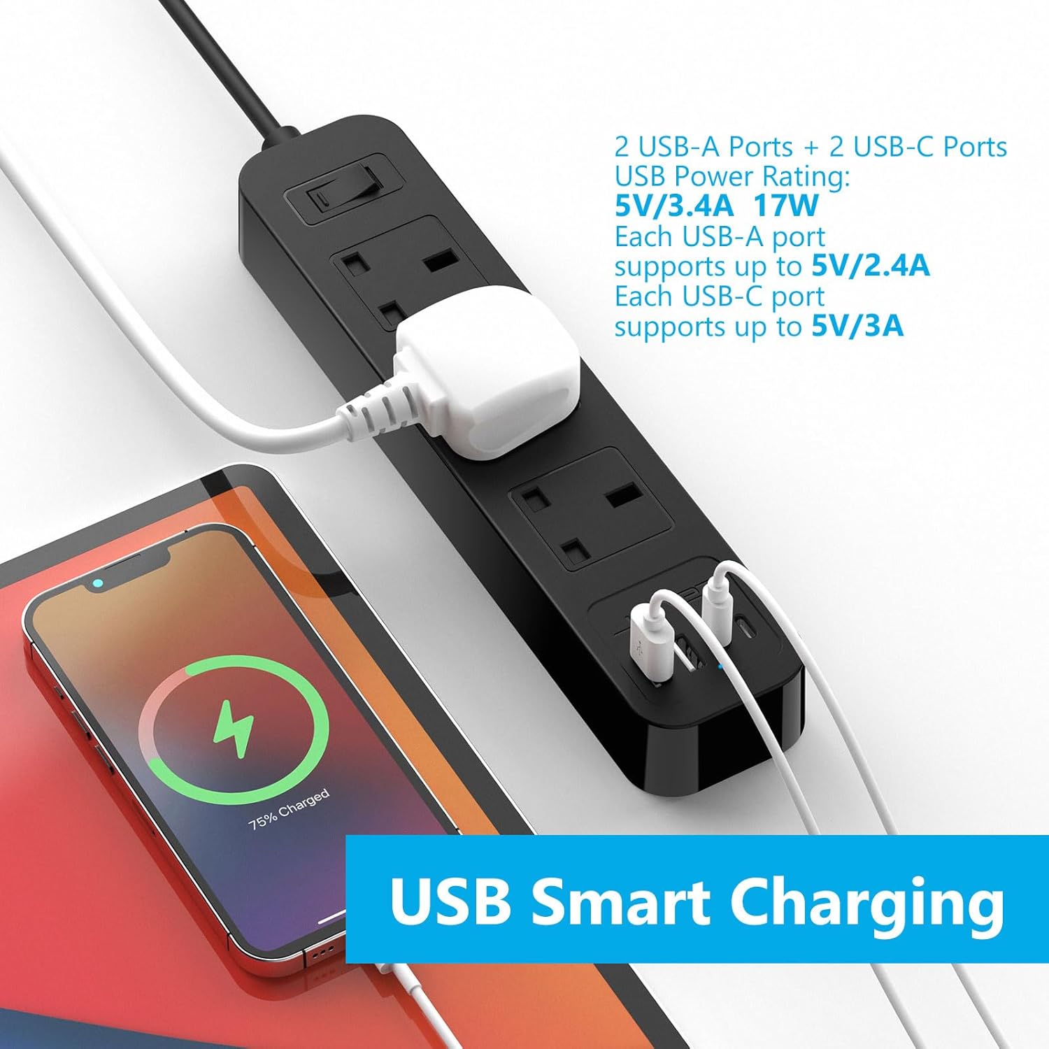 Thumbnail 3 de JSVER 7-in-1 Extension Lead with USB-C & USB-A Slots, 3 AC Outlets and 2m Cable (Switch) – Black