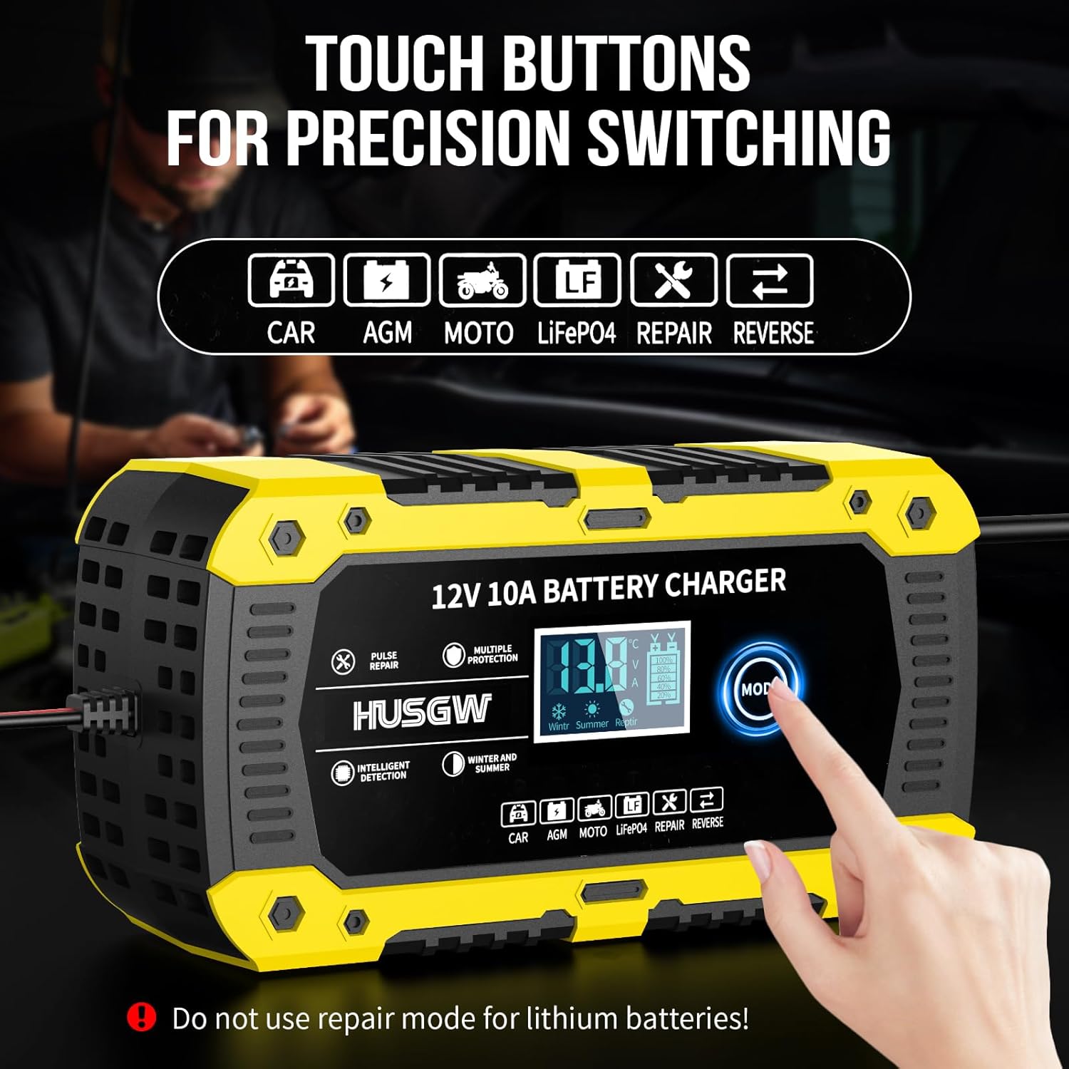 Detalle de Caricabatterie auto e moto 12V 10A con display LCD e multi-protezioni (modalità CAR, AGM, MOTO, LiFePO4, REPAIR) – Giallo 10A
