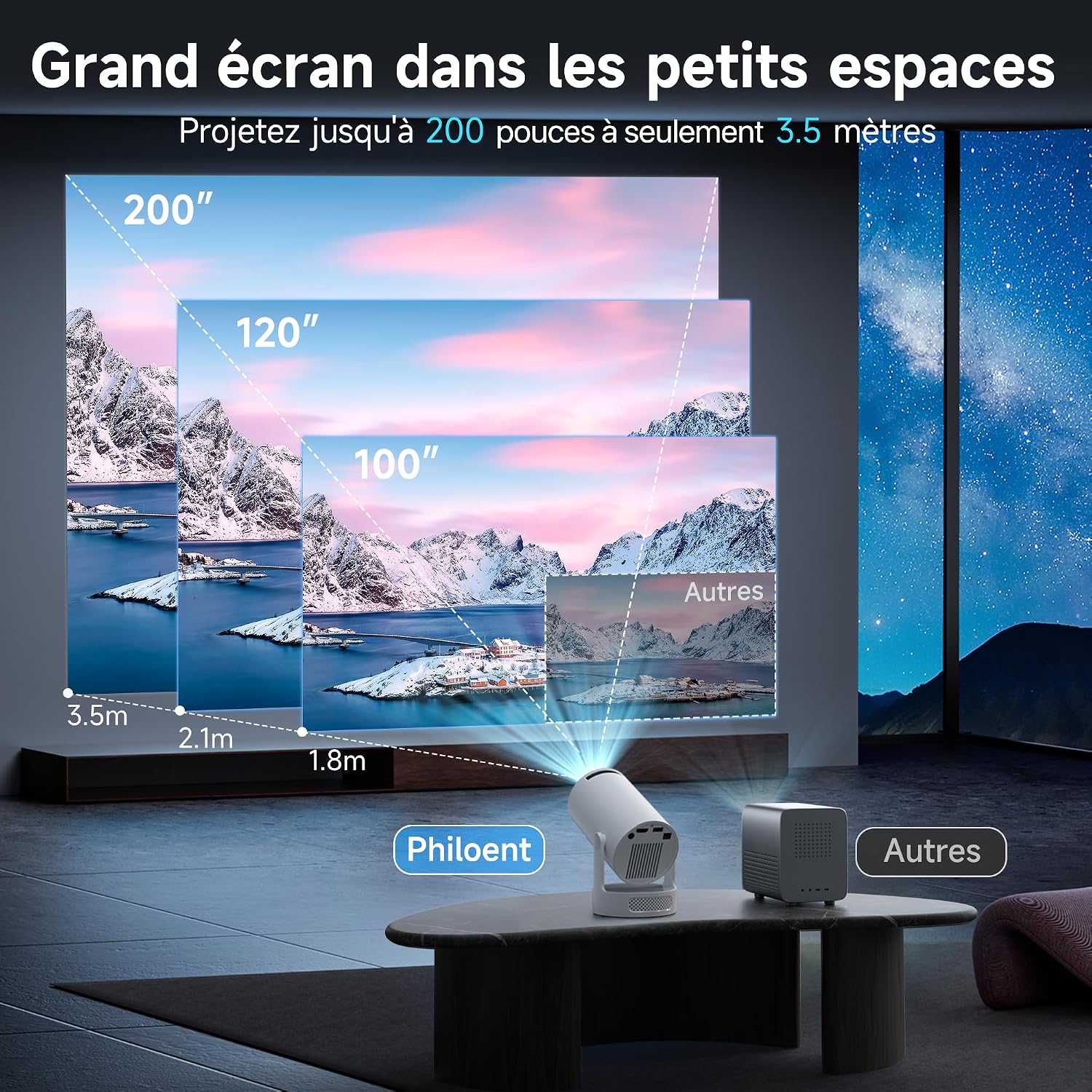 Detalle 2 de Philoent Vidéoprojecteur WiFi/BT Apps intégrées 2026 Upgraded AutoKeystone