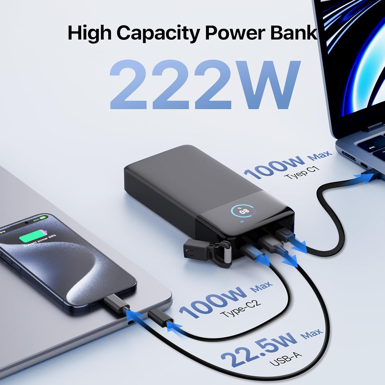 Thumbnail 1 de JUOVI 222W Laptop Power Bank, 25,000mAh, 3-Port USB-C and USB-A Charger