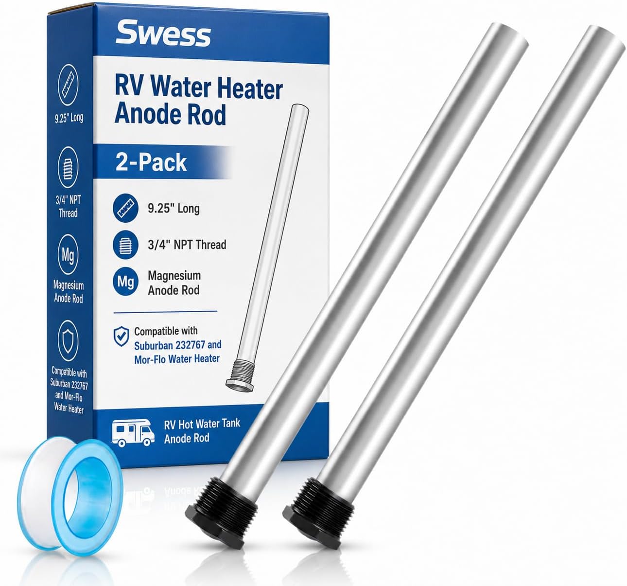 Detalle de Swess RV Water Heater Anode Rods, 2-Pack, 9.25 in, 3/4 in NPT Magnesium