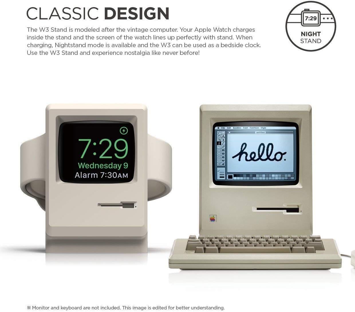 Thumbnail 1 de elago Support de chargeur W3 pour Apple Watch (design vintage Macintosh 1984) – mode table de nuit blanc classique