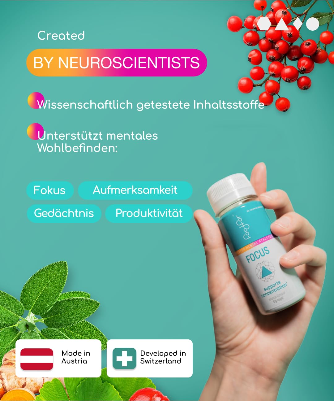 Detalle de FOODFOR FOCUS Booster Dopamine Shot 60 ml (12er-Pack) – zuckerfrei mit L-Theanin, L-Tyrosin, Guarana & Ginkgo