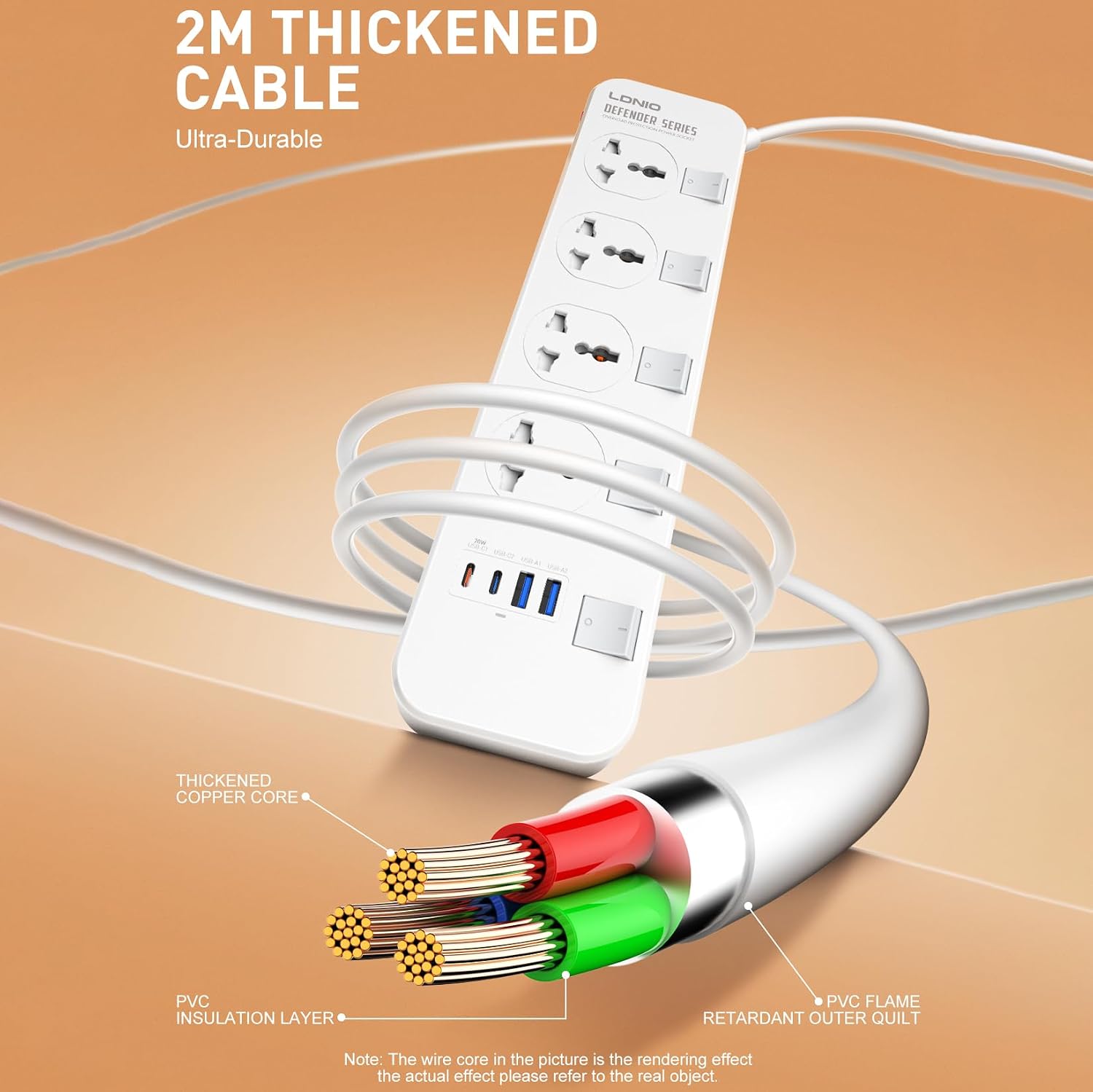 Detalle de LELYFIT Multi Power Bar stekkerdoos met 4 universele stopcontacten en USB-C PD