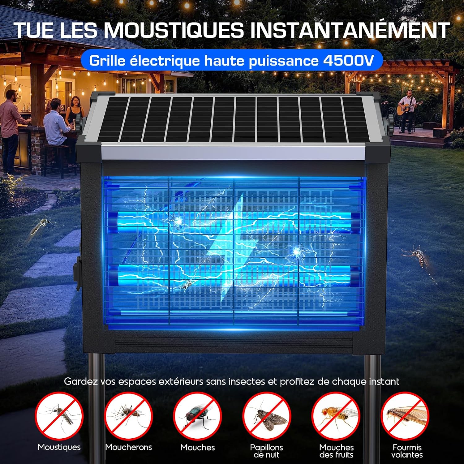 Detalle 2 de Dnenellr Lampe Anti Moustique Extérieur Solaire IPX5 – 4500V, Batterie 4000mAh, USB-C, 10W Panneau et Câble 3m
