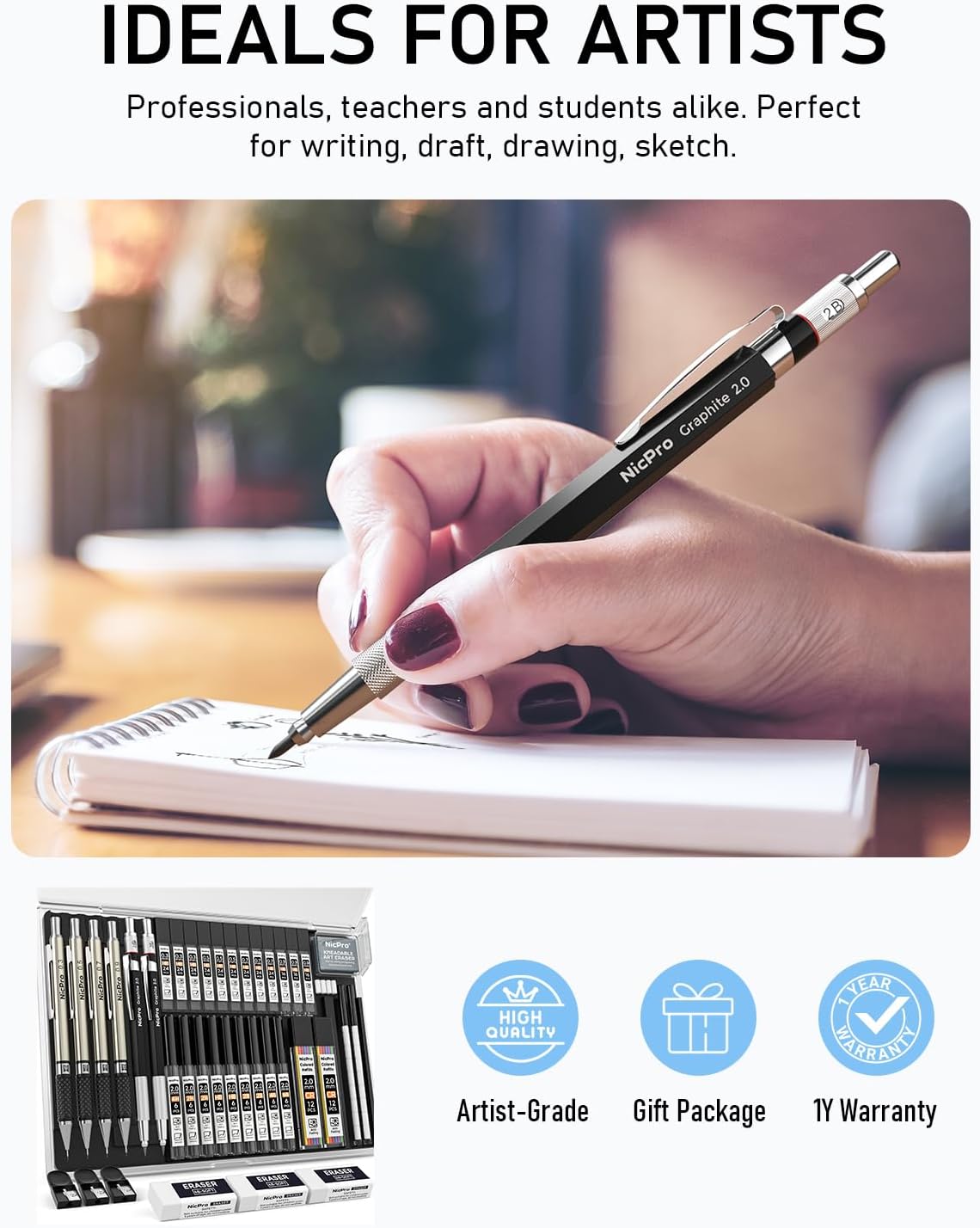 Detalle de Nicpro 37PCS Art Mechanical Pencil Set: A Solid Brass Studio Kit for Sketching and Drafting