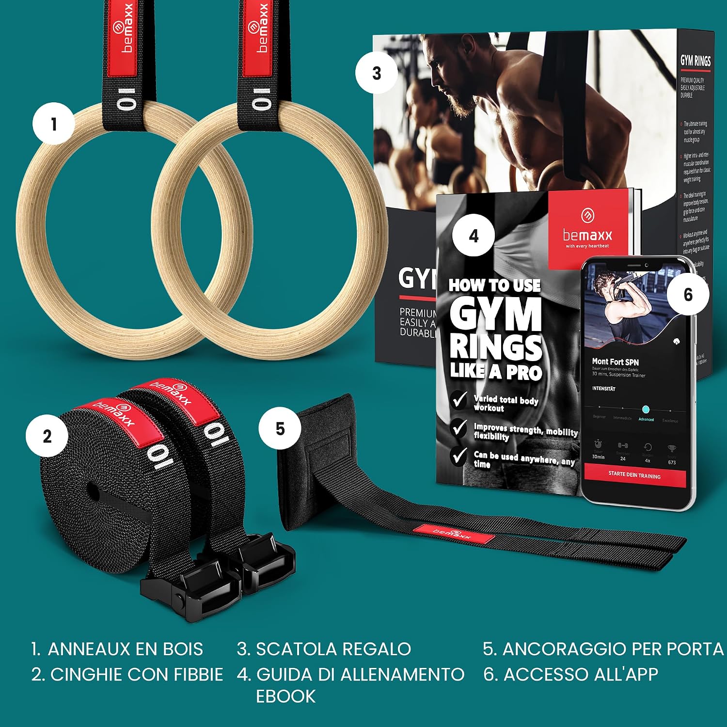 Detalle de Anelli Ginnastica in Legno BeMaxx con Ancoraggio da Porta e Cinghie Regolabili – Programma di Allenamento Calisthenics