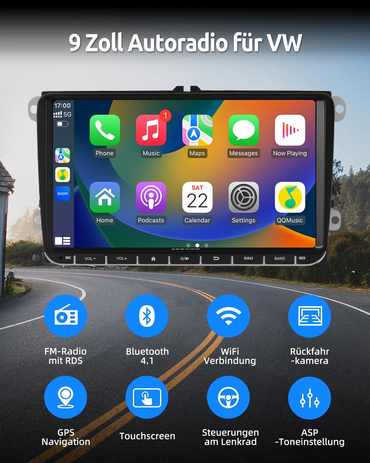 Detalle 2 de ESSGOO True 4+64G: Kabelloses Autoradio mit 9-Zoll Touchscreen, CarPlay/Android Auto – VW-kompatibel