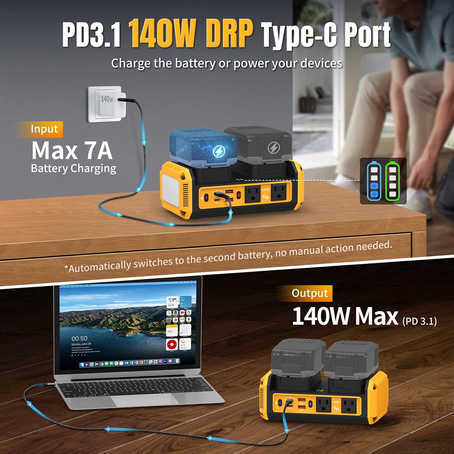 Detalle de Kzreect 350W Pure Sine Wave Inverter for Dewalt 20V Batteries