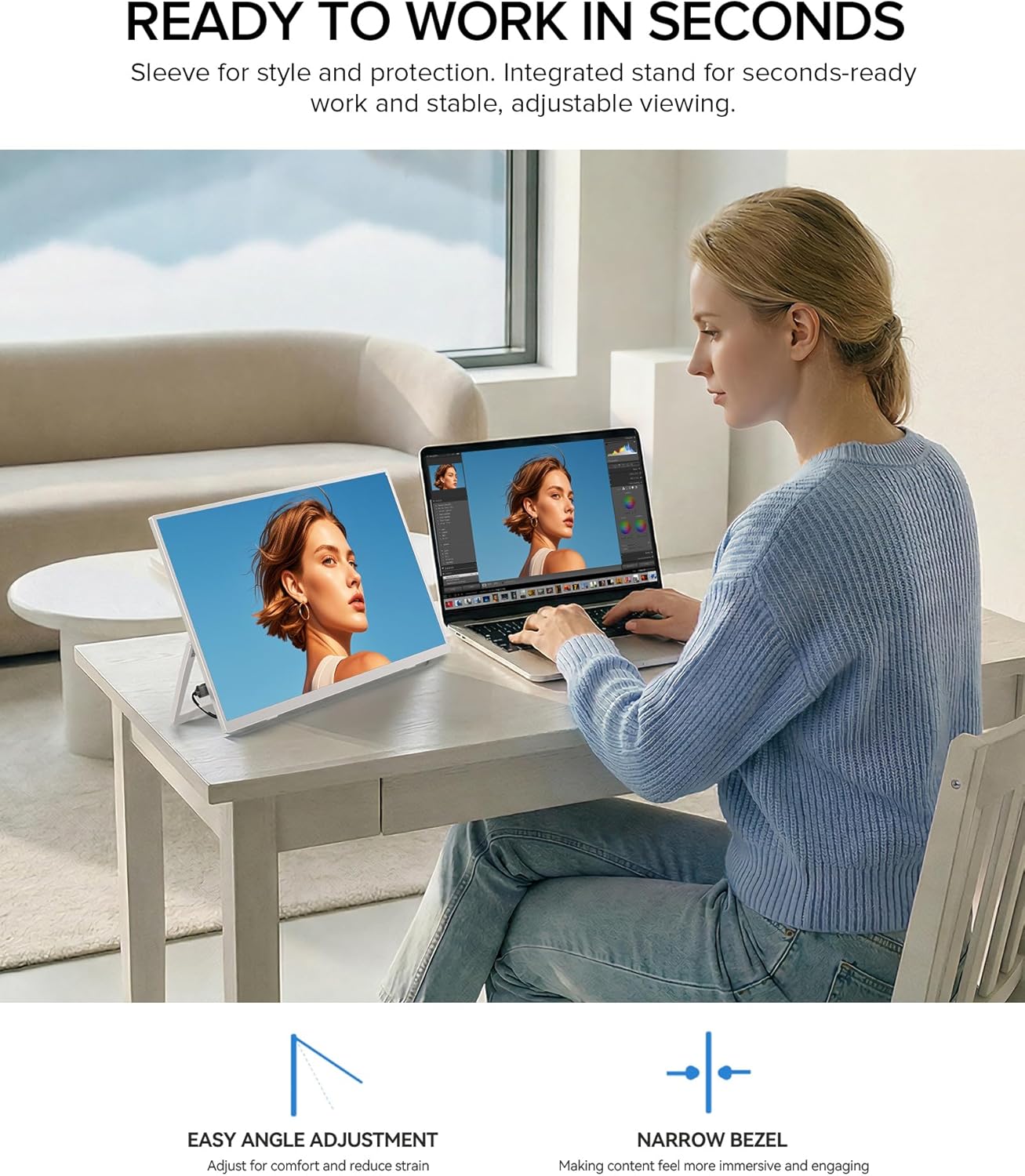 Detalle de UPERFECT Portable Monitor 15,6 Zoll (125% sRGB) – weiß, 1080p HDR EyeCare, 180° Standfuß & VESA