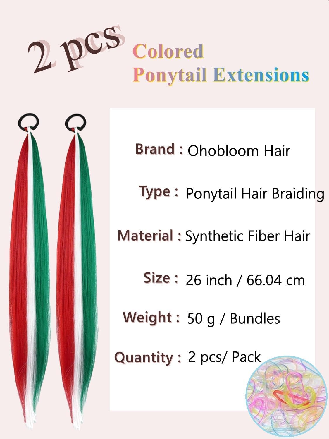 Detalle de 2er-Pack Farbige Zopffrisuren-Ponytail-Extensions, 26 Zoll – Grün, Rot, Weiß (Weihnachten) – Einfaches Styling, mitHaarschlaufe