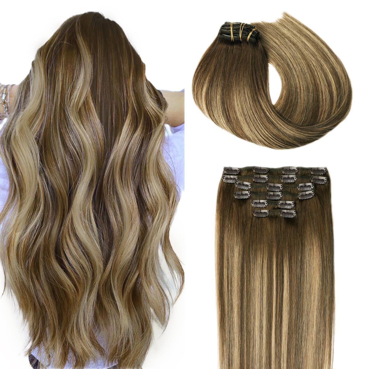 Detalle de SURNEL Clip-in Extensions Echthaar Balayage Schokoladenbraun & Karamellbraun – 6er Set, 100 g, 40 cm