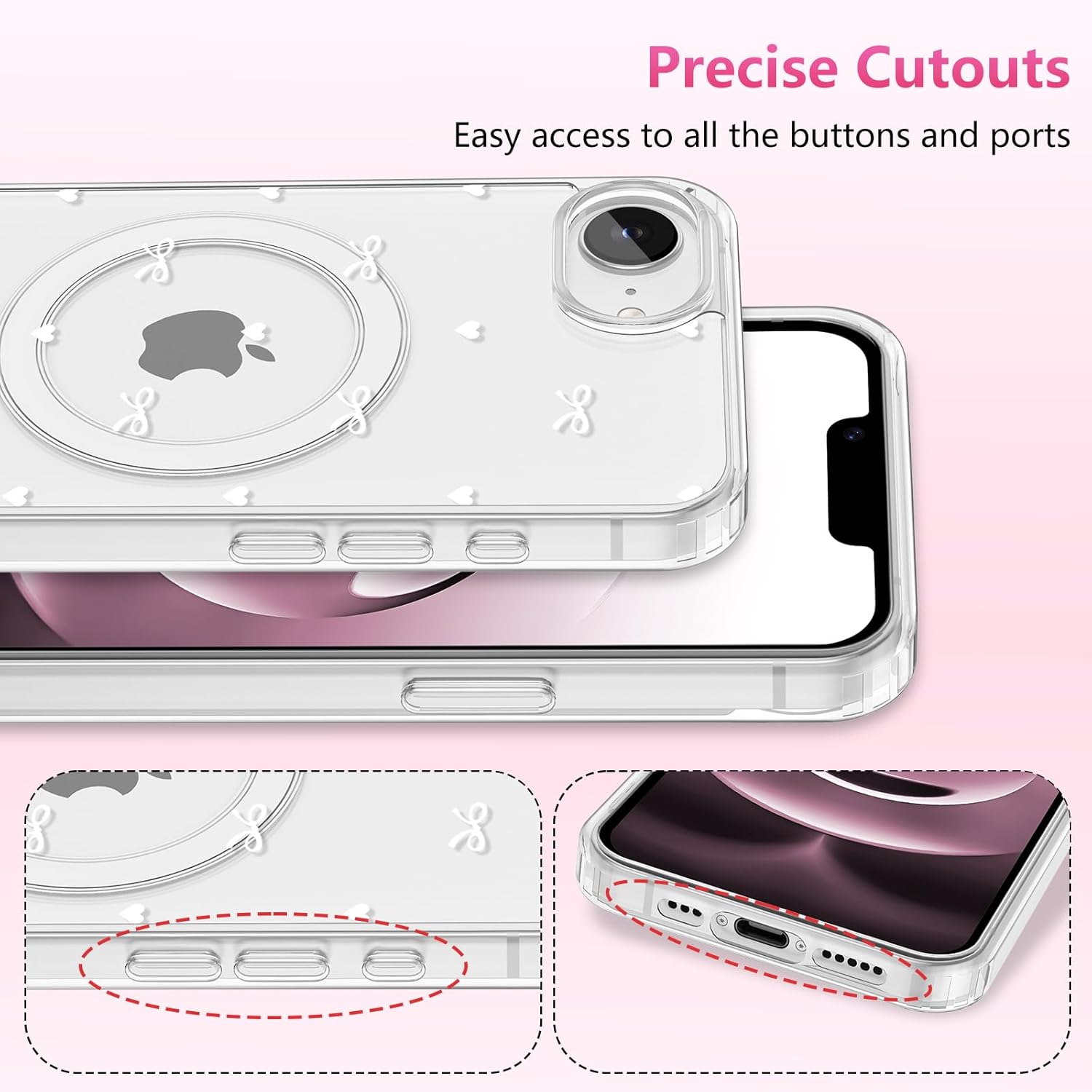 Thumbnail 2 de ZTOFERA Magnetische Hülle für iPhone 16e/17e (6,1", Weiß) mit Schleifen-Design und Herzmuster