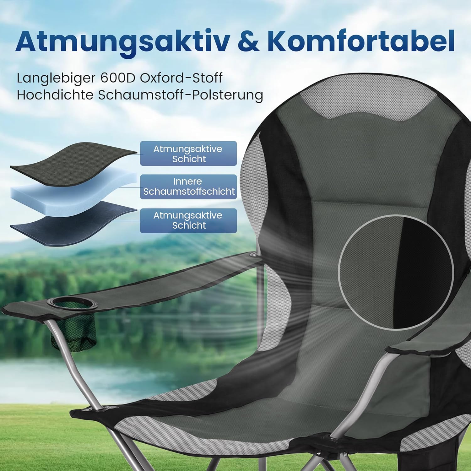 Detalle de ROPODA Campingstuhl Faltbar – Hochlehner, Armlehnen, Getränkehalter, Seitentasche, 150 kg Tragkraft, Grau