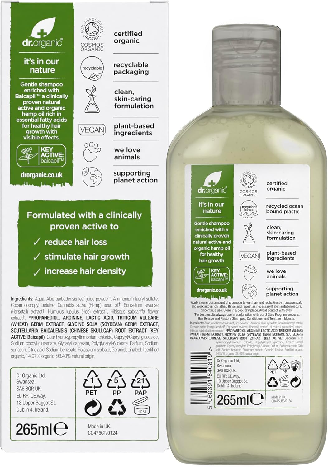 Detalle 2 de Dr Organic Shampoo di Soccorso all'Olio di Canapa – Restitutivo, per Uomo e Donna, 265 ml