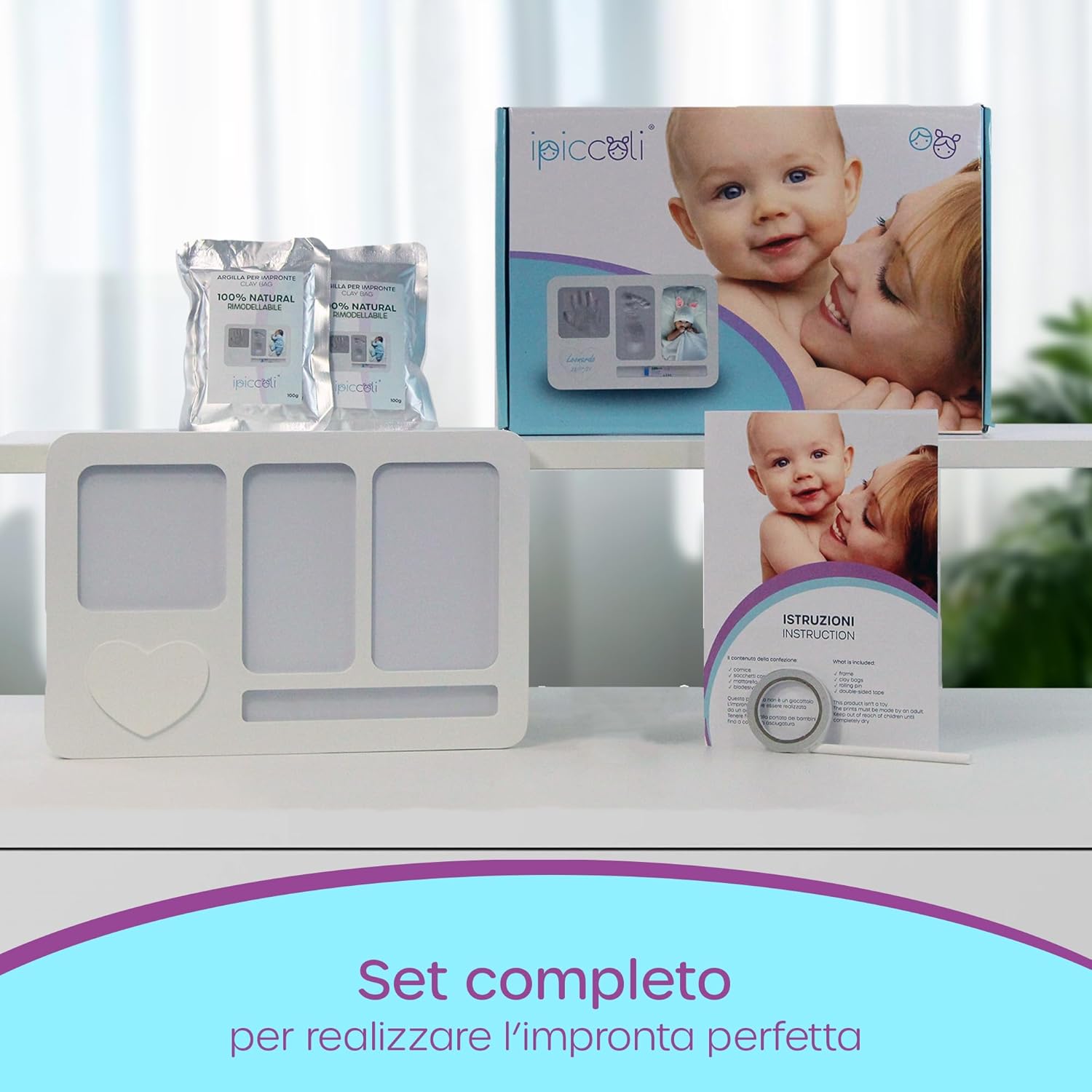Detalle 2 de iPiccoli Cornice Impronte Neonato – Set completo per ricordi di nascita con impronte, braccialetto e porta foto 30x20 cm