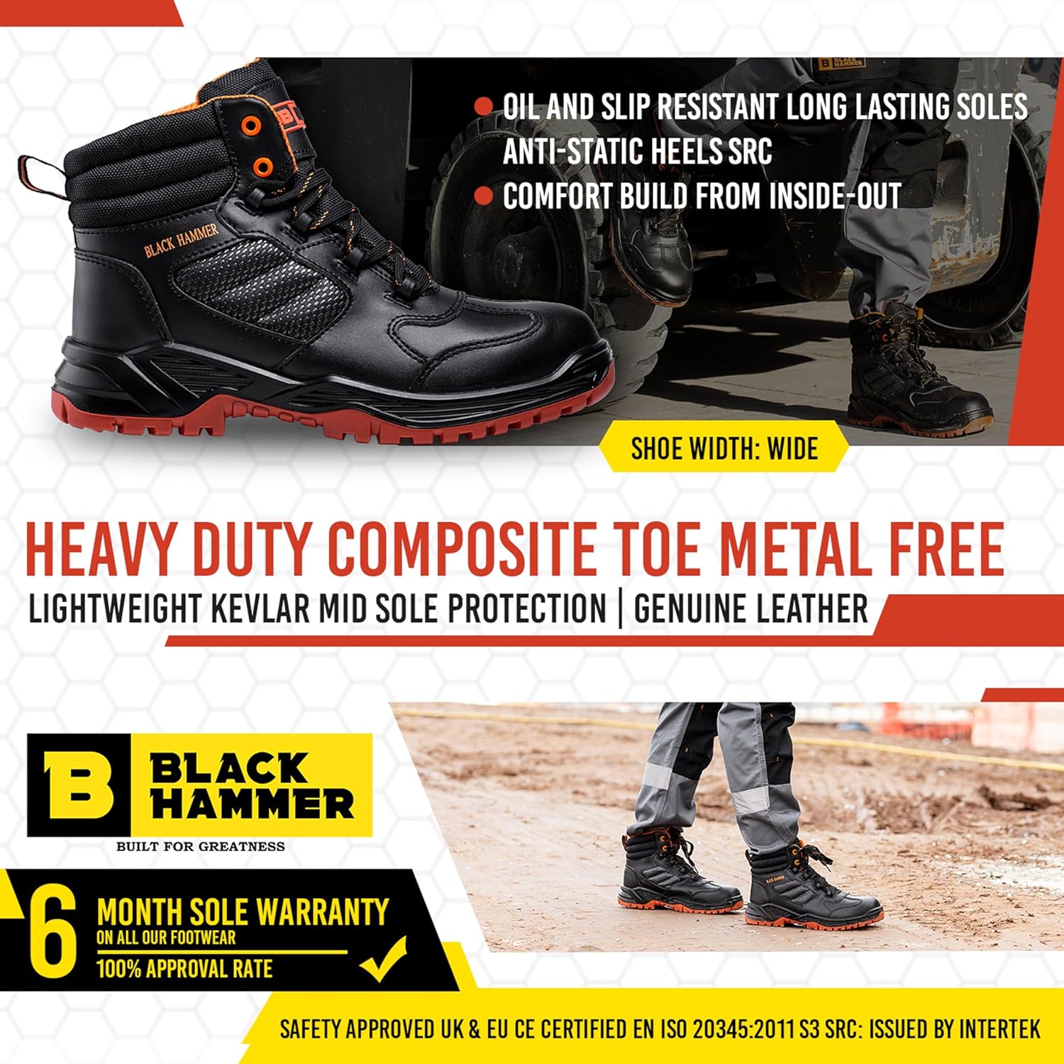 Detalle de BLACK HAMMER Sicherheitsstiefel Herren S3 SRC – leichte, metallfreie Sicherheitsschuhe mit Kevlar Zwischensohle