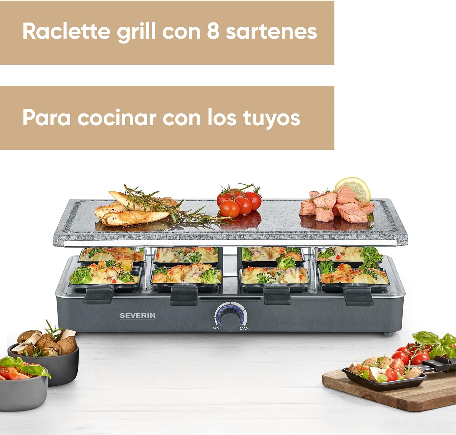 Detalle 2 de SEVERIN Raclette RG 2372 con piedra natural y 8 sartenes