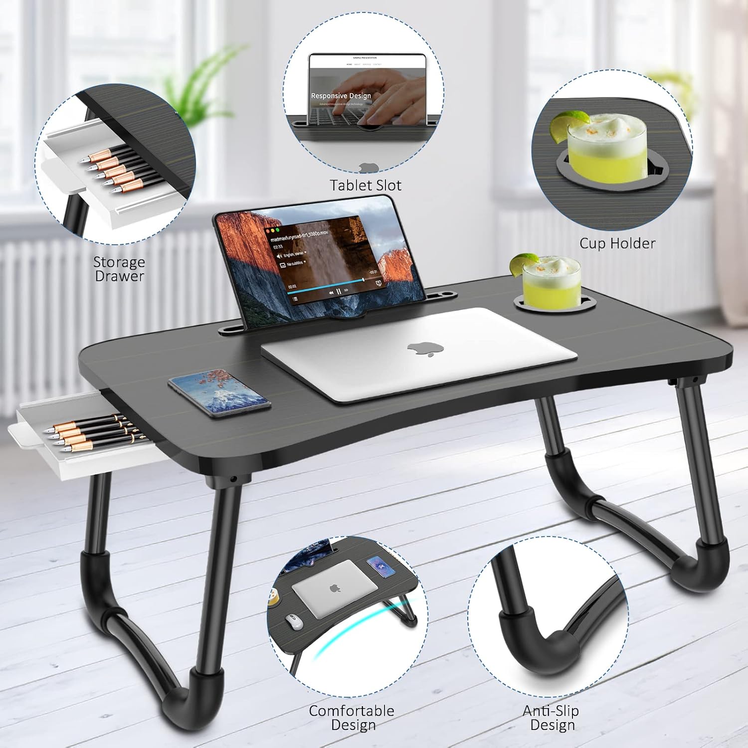 Thumbnail 1 de Zapuno Foldable Laptop Bed Table with Storage Drawer, Cup Holder & Phone/Tablet Slot (Arc Shape)
