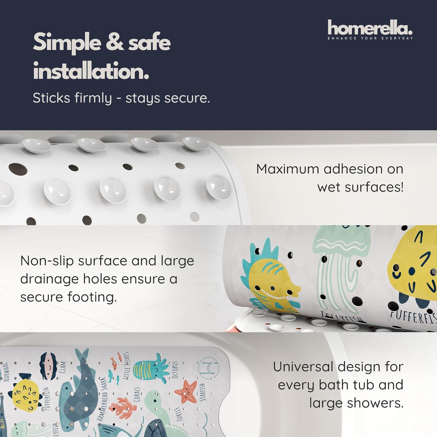 Thumbnail 3 de Homerella Bath Mat Non Slip Anti Mould Kids 100x40cm with 2 Hooks – Colourful Underwater ABC