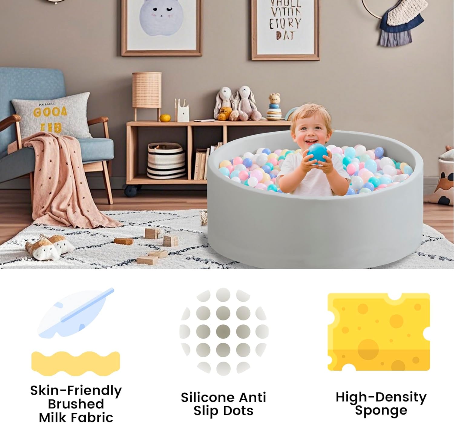 Thumbnail 5 de Zedachica Memory Foam Ball Pit for Toddlers (1-3) – Grey, Soft Sponge Ball Pool, 35.4'' x 11.81'' (NO balls)