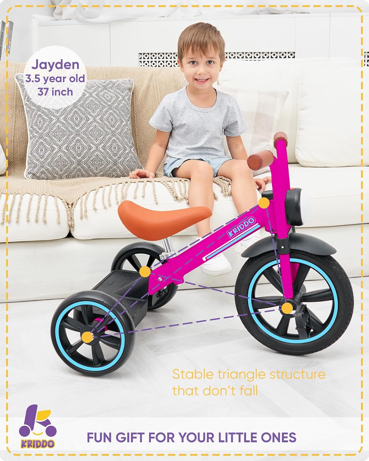 Thumbnail 2 de KRIDDO Kids Tricycle 12 Inch Pink