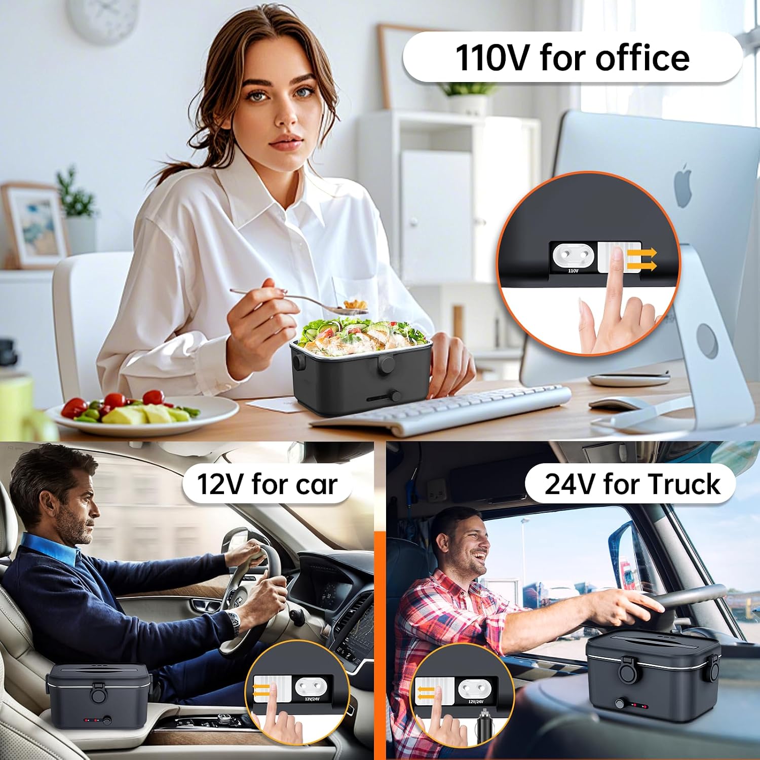 Detalle de Mangoin Heated Electric Lunch Box for Adults, 80W Portable Food Warmer (1.8L Stainless Steel) with Car/Home Flexibility