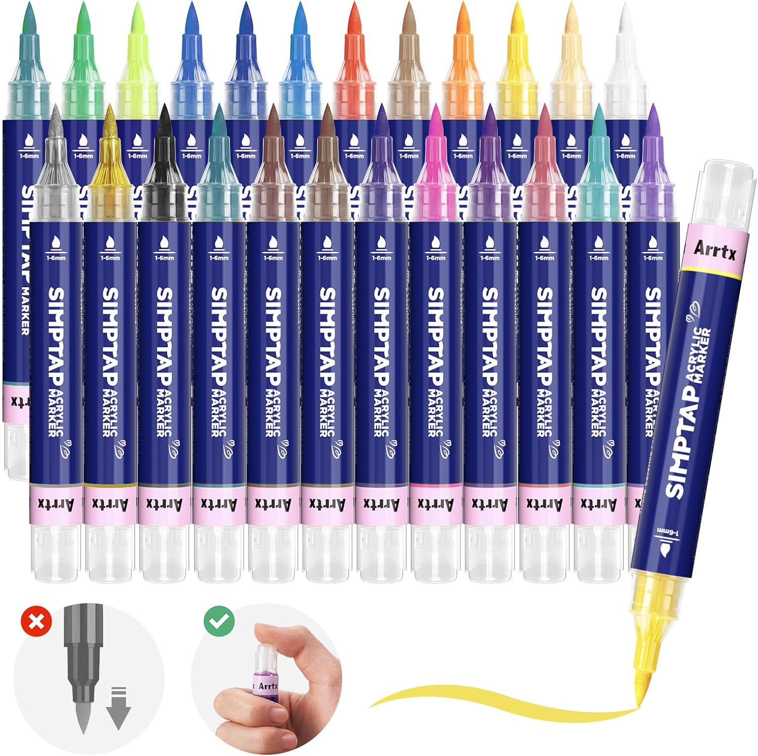 Detalle de ARRTX Acrylstifte für Steine bemalen – 24 Farben wasserbasierte Acrylmarker (Pinselspitze, Valve-Action)