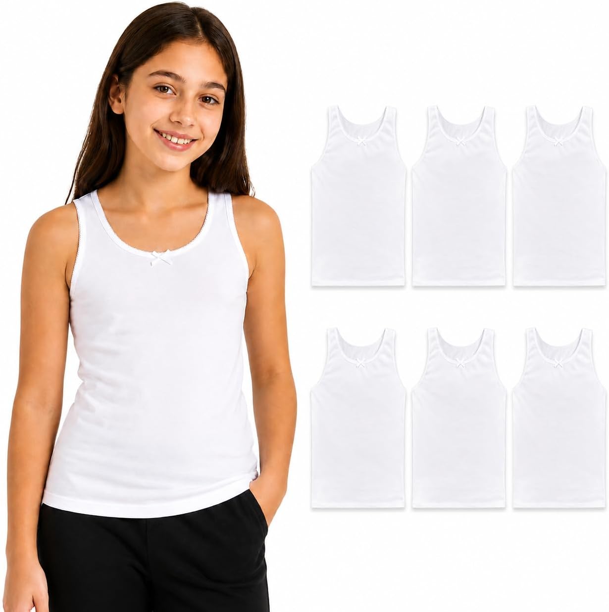 Detalle de reshmena® 3 & 6 Girls 100% Cotton White Sleeveless Vests – Plain Tank Tops for Everyday Wear