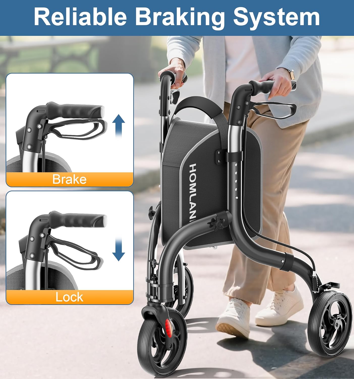 Detalle de HOMLAND 3 Wheel Walkers for Seniors — Lightweight, Foldable Aluminum Rollator with Removable Storage Bag