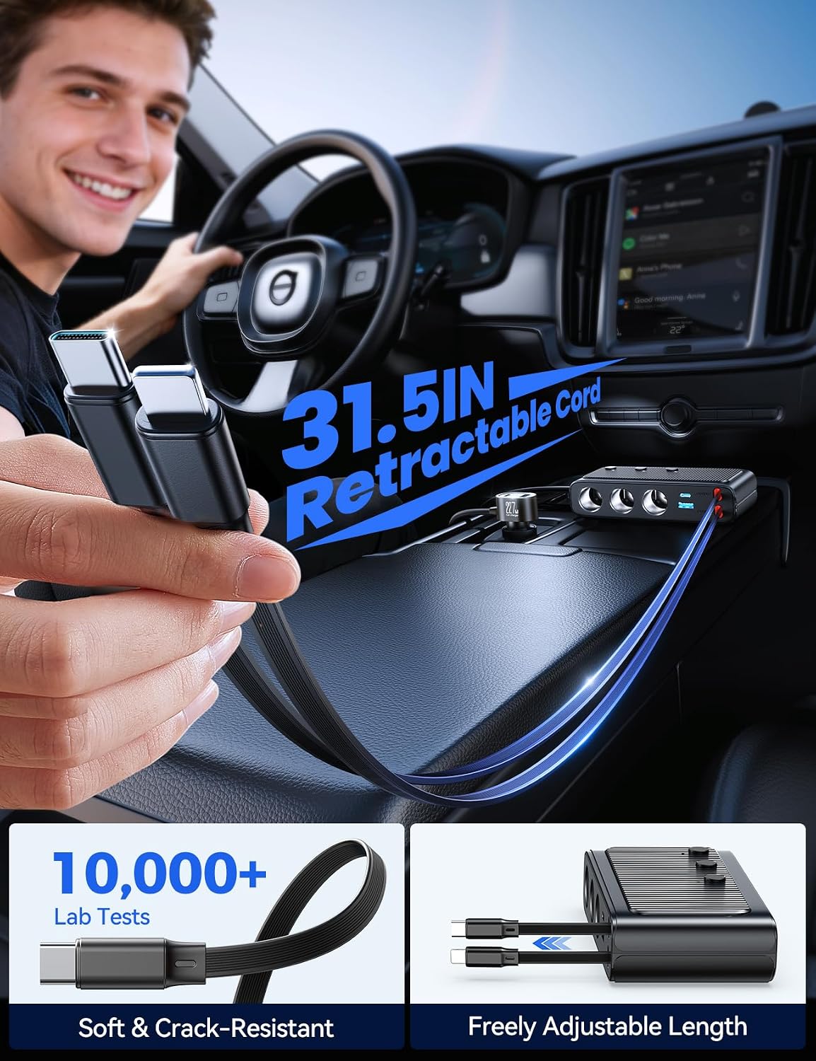 Thumbnail 1 de 227W 9-in-1 Cigarette Lighter Splitter with PD36W*2, QC3.0 Fast Car Charger, Retractable USB-C & Lightning Cables, 31.5in Retractable Cords, and LED Voltage Display