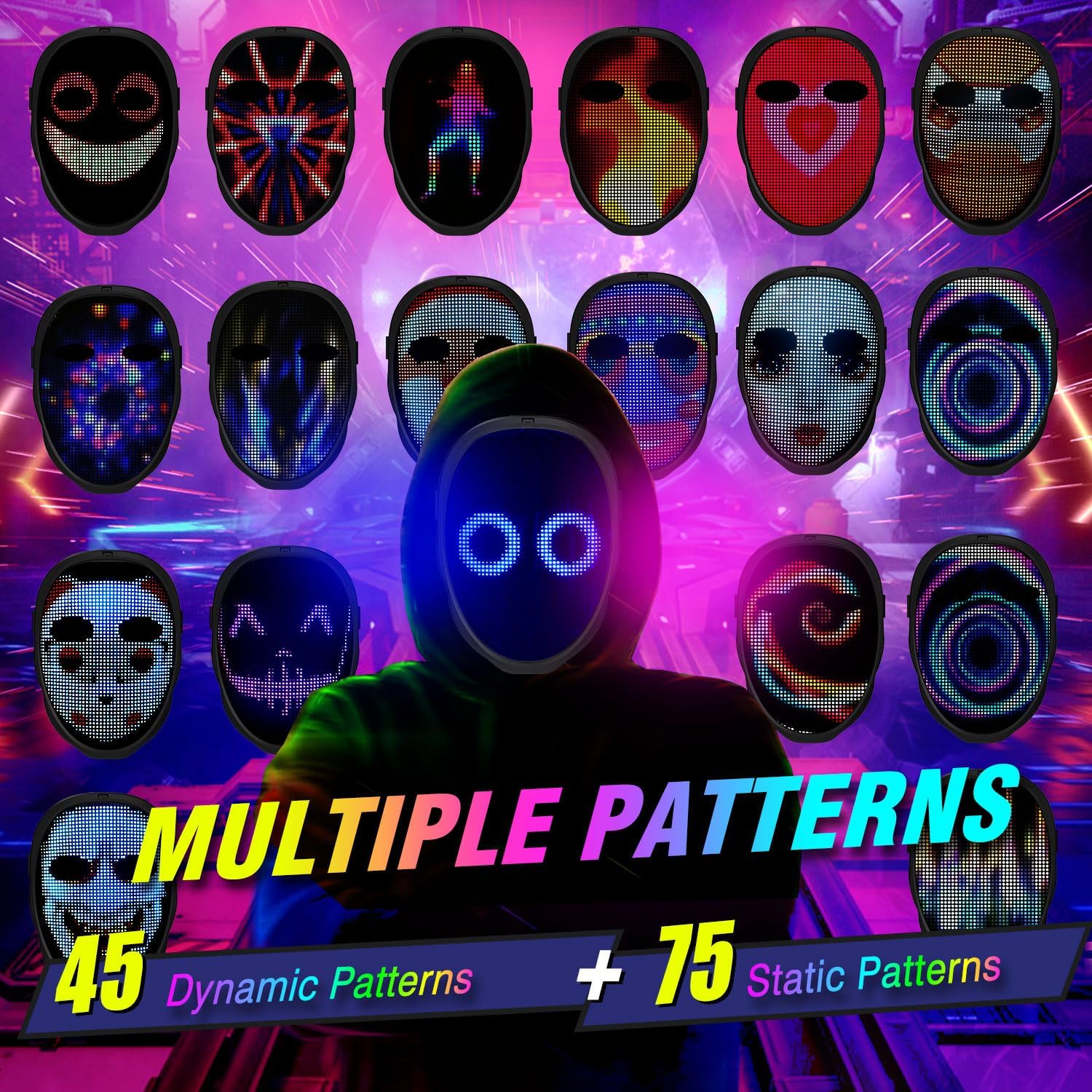 Detalle 2 de megoo LED Mask with Bluetooth – customisable programmable light-up mask for DJ, rave, cosplay & parties