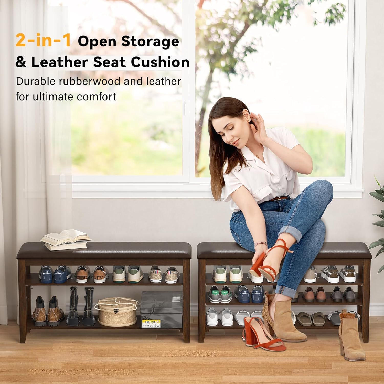 Detalle de Entryway Shoe Storage Bench with Leather Cushion
