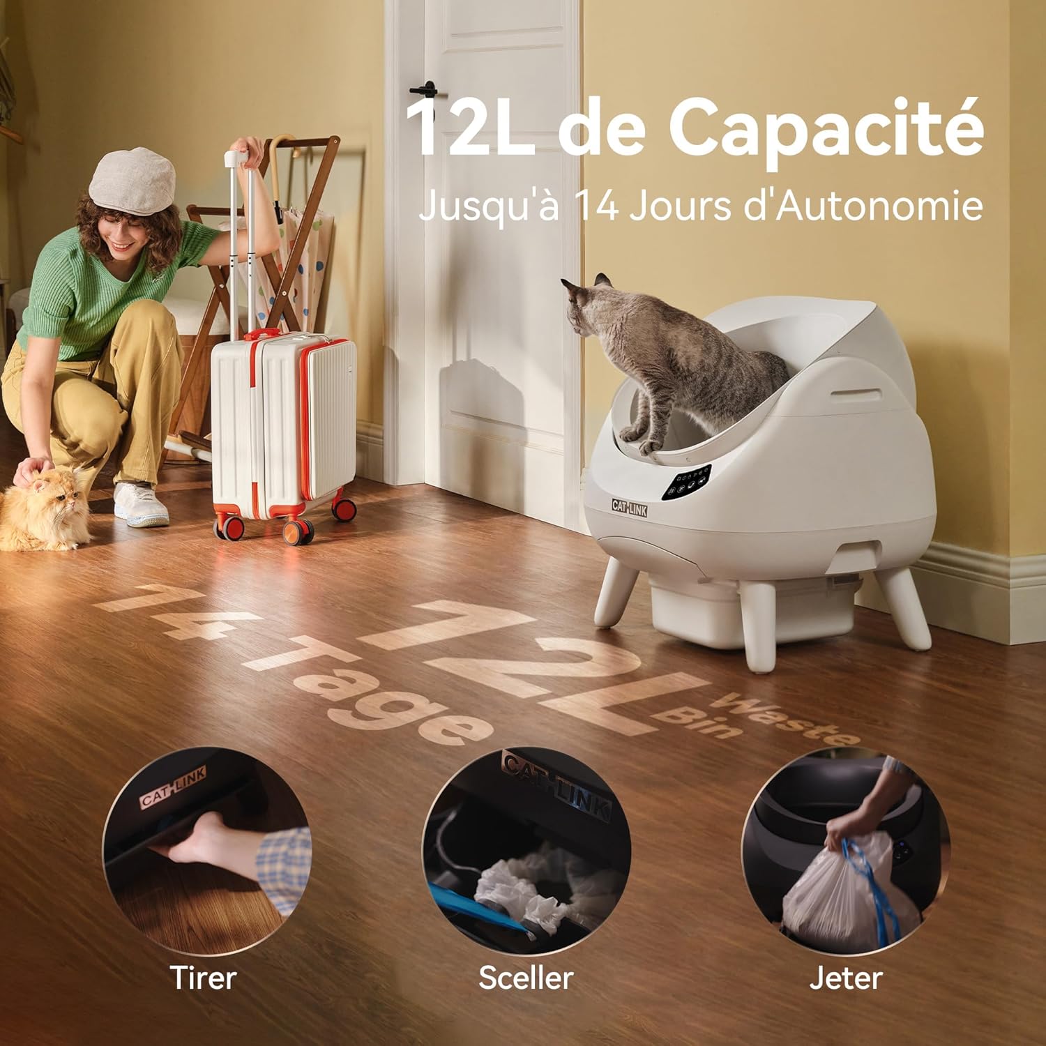 Thumbnail 4 de CATLINK Litière autonettoyante pour chat avec bac grande ouverture et connexion Wi-Fi 5 GHz (12L, gris foncé)