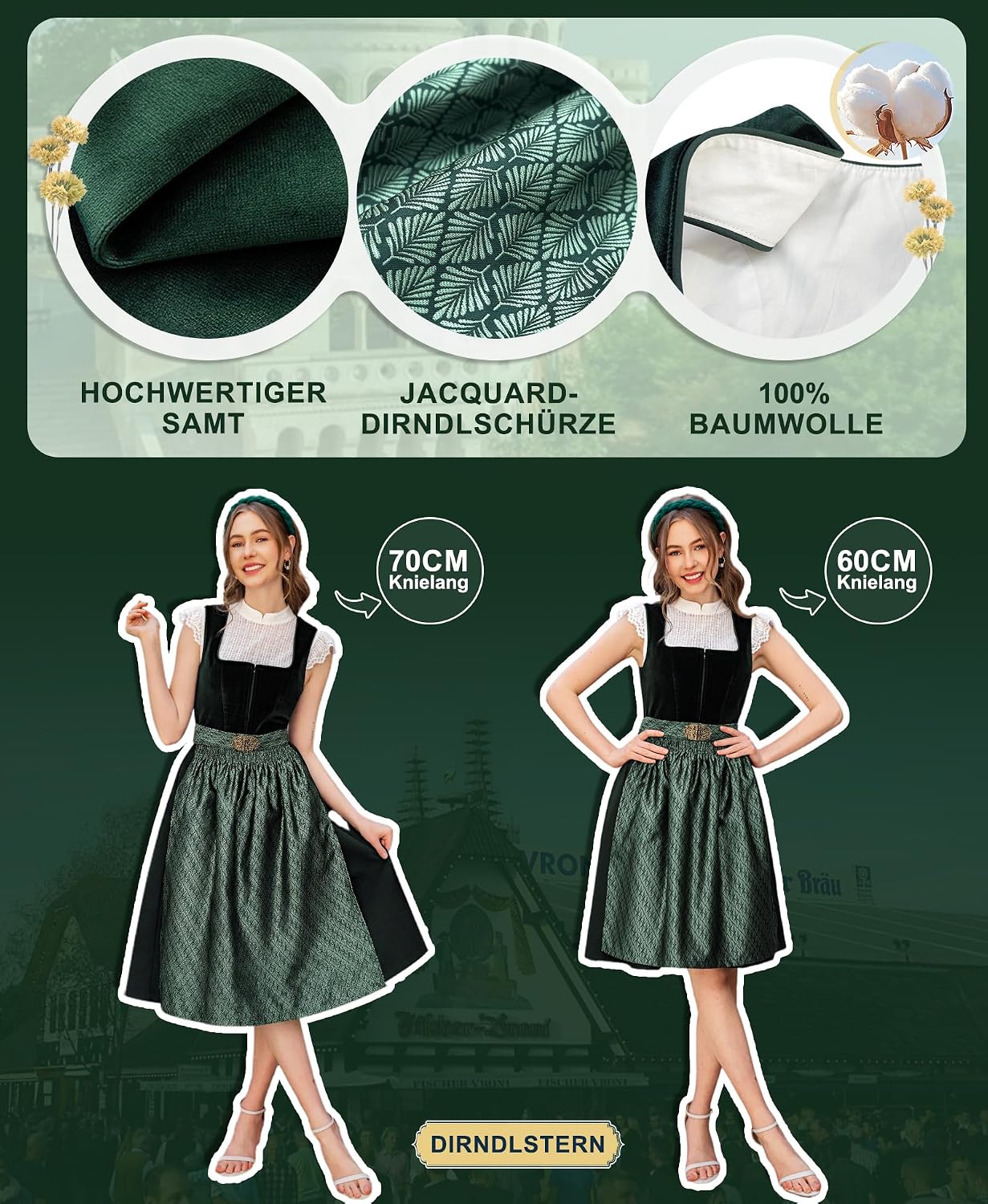 Detalle de DIRNDLSTERN Dirndl Damen Trachtenkleid Grün – Samt-Mieder, Midi-Rock 60 cm mit Schürze (Ohne Bluse) von DIRNDLSTERN