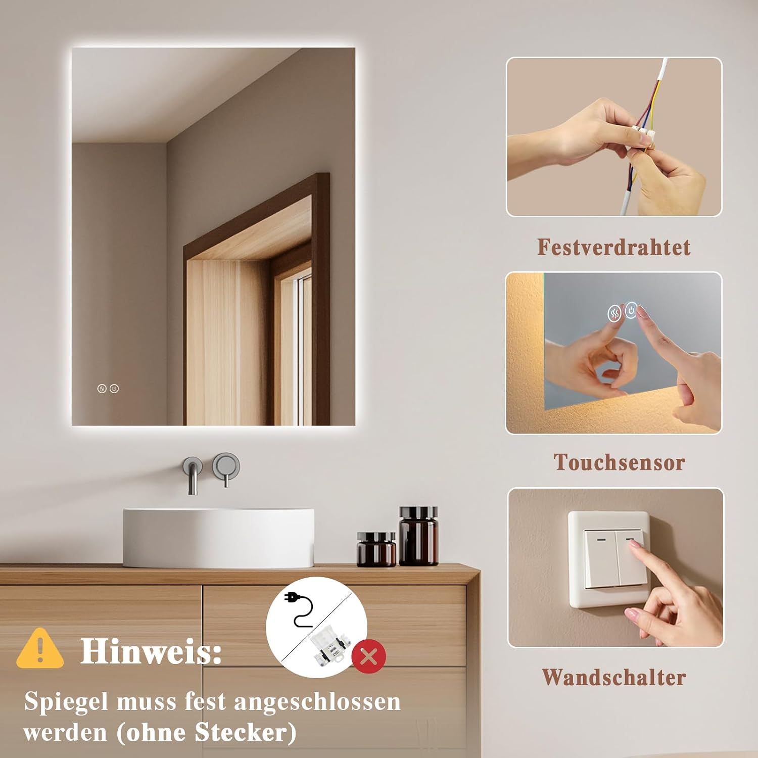 Detalle 2 de Archaluxe Badspiegel mit Beleuchtung 40x60 cm – LED Spiegel mit Touch, dimmbar, 3 Lichtfarben, IP44/IP54