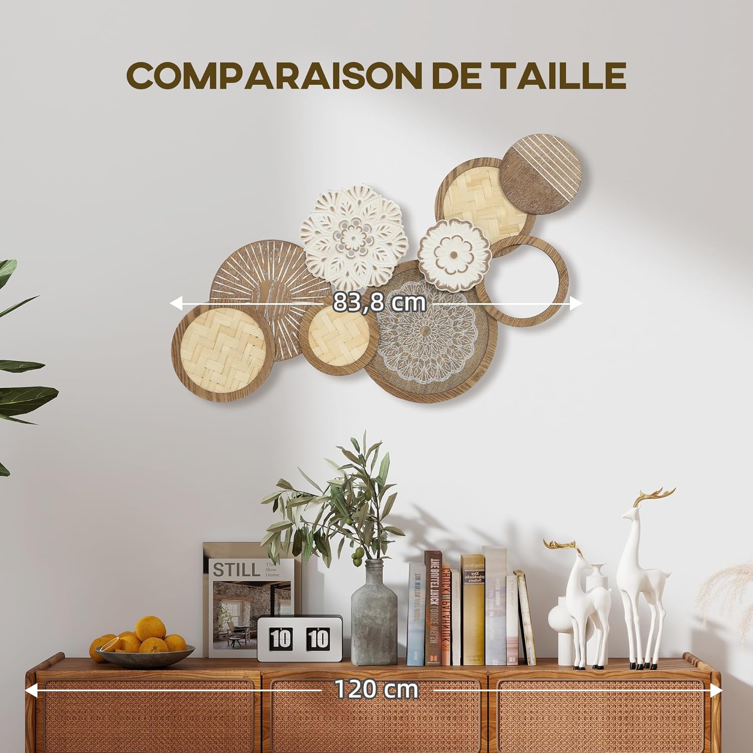 Thumbnail 5 de HOMCOM Décoration murale en bois moderne – sculpture géométrique à disques, 83,8 × 44,5 cm, bois naturel