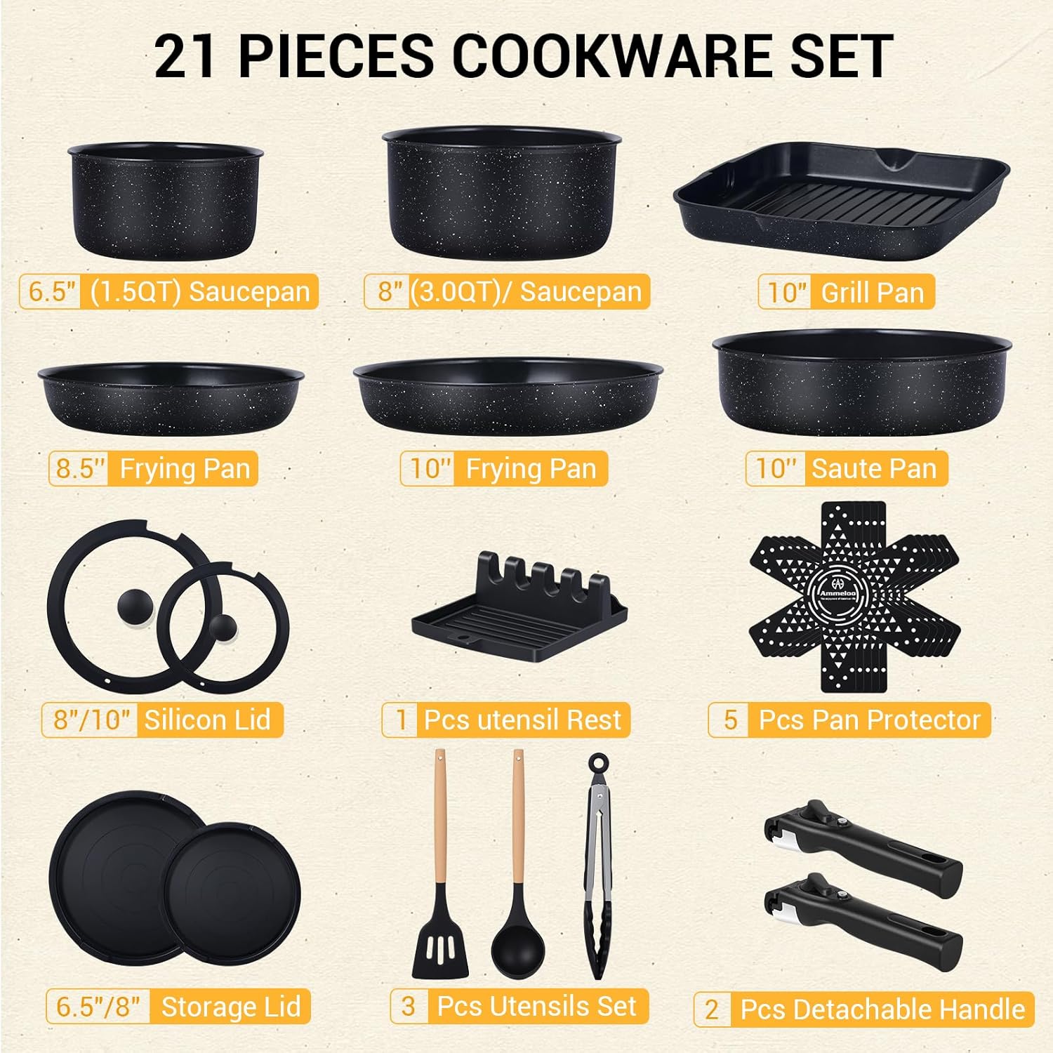 Thumbnail 1 de Ammeloo 21 Pcs Nonstick Cookware Set