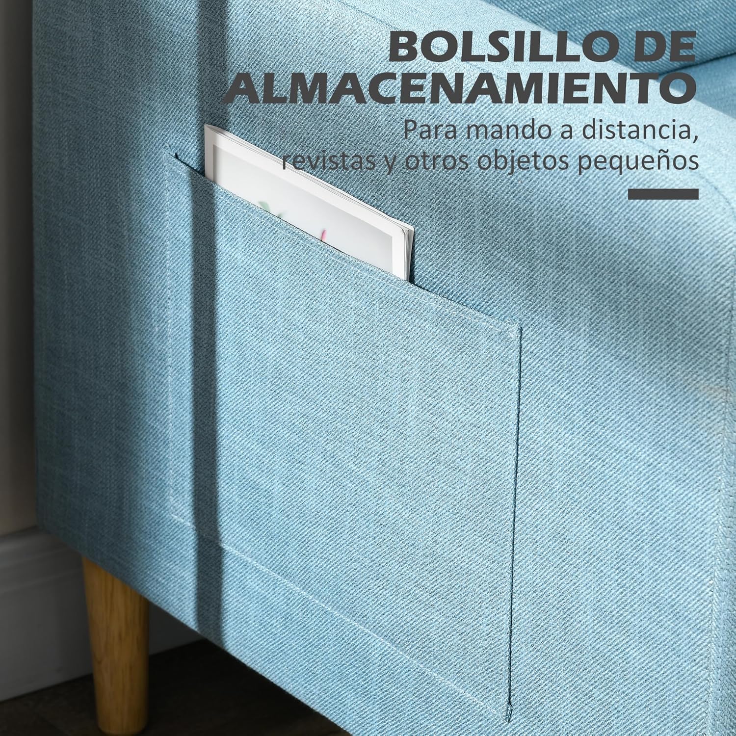 Thumbnail 6 de HOMCOM Sofá 2 Plazas Azul Claro con Bolsillos y Patas de Madera 🛋