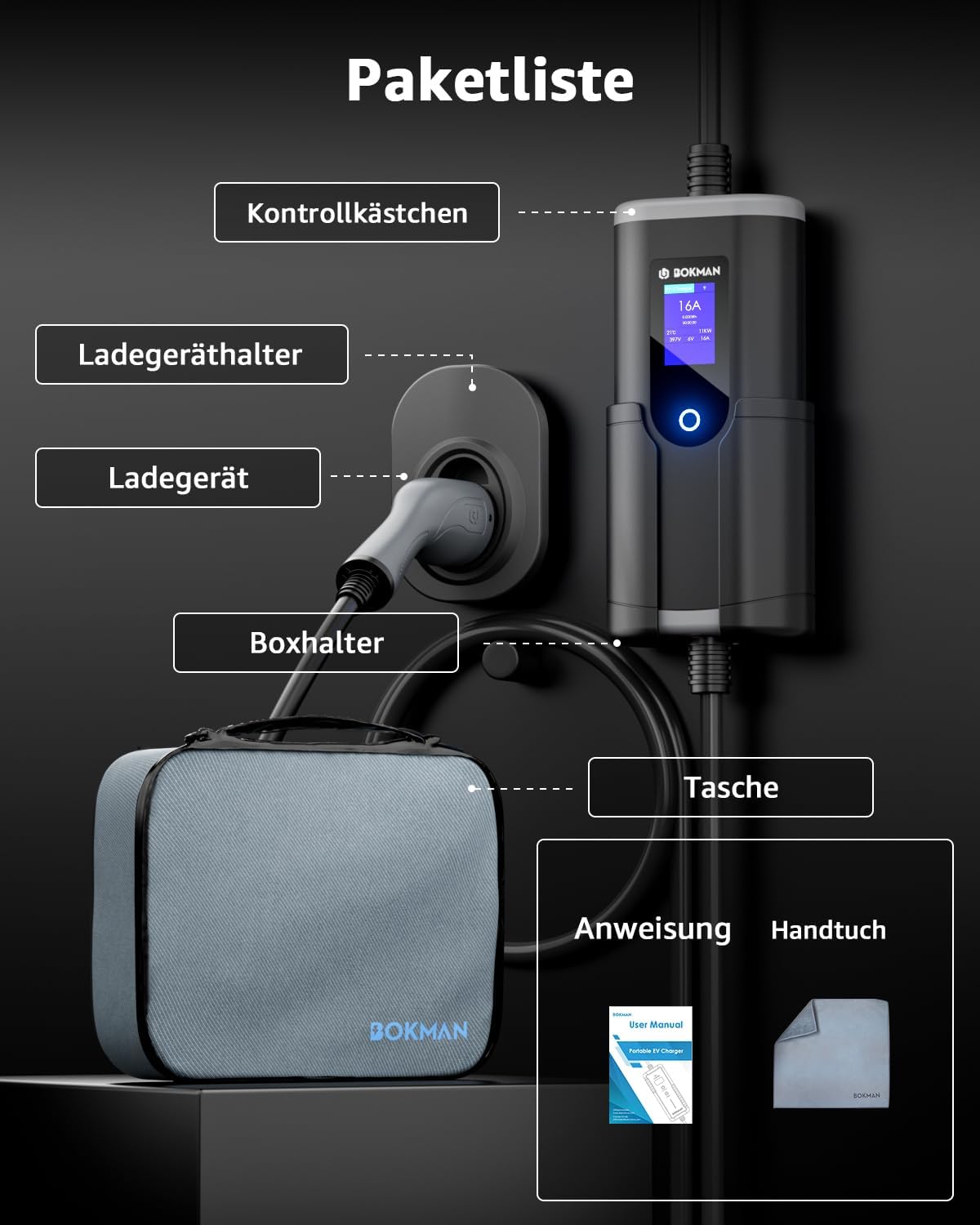 Thumbnail 4 de bokman Mobile Wallbox Typ 2 Ladekabel mit CEE Stecker – 15 m, 11 kW, IP65, tragbar