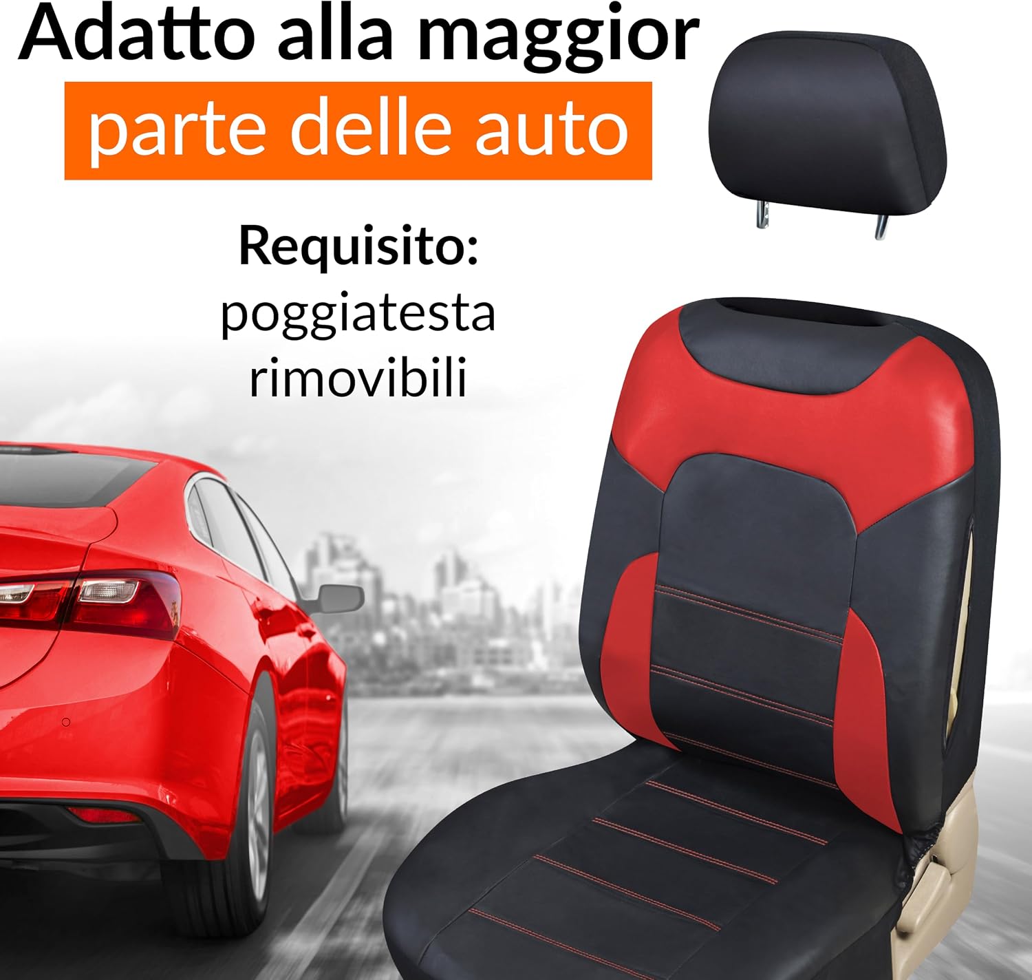Detalle de Upgrade4cars Coprisedili Auto Universali Ecopelle Rosso – Set Completo Anteriore e Posteriore per Tutte le Stagioni