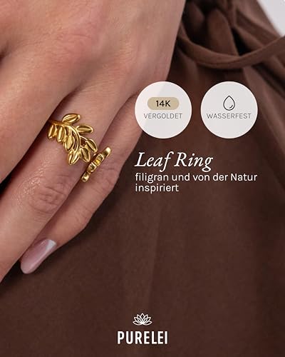 Detalle 2 de Purelei Leaf Ring Damen – Gold, 14K vergoldet, wasserfestes Edelstahl-Design mit Anti-Stress-Funktion