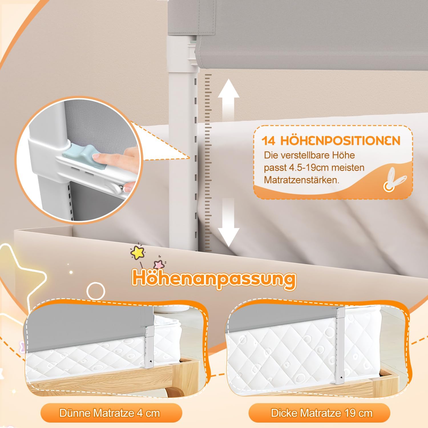 Thumbnail 3 de Ikodm Rausfallschutz Bett für Boxspringbett 180 cm – höhenverstellbar 72–86 cm, 180° klappbar, luftiges Netz, einfache Montage, Grau