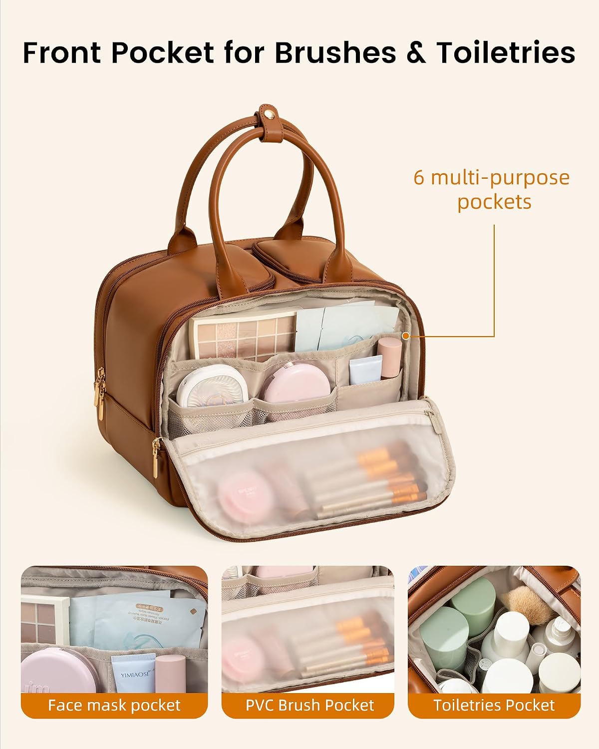 Detalle 2 de LOVEVOOK Travel Toiletry Bag for Women — Leather Large, Wide-Open Makeup Bag and Waterproof Organizer