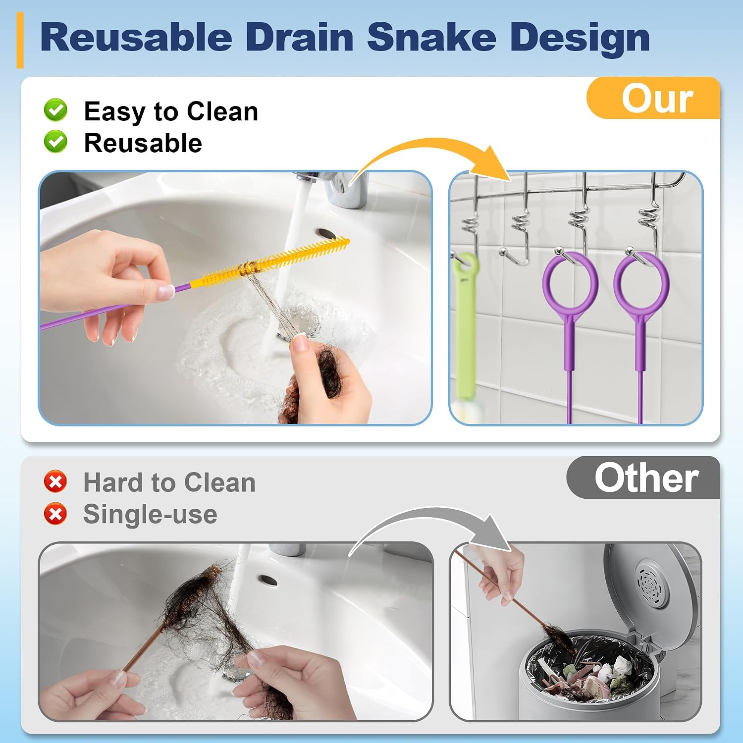 Detalle 2 de Drainsoon RMHS35-5P 35-Inch Drain Snake, Reusable 5-Pack with 270-Bristle Head