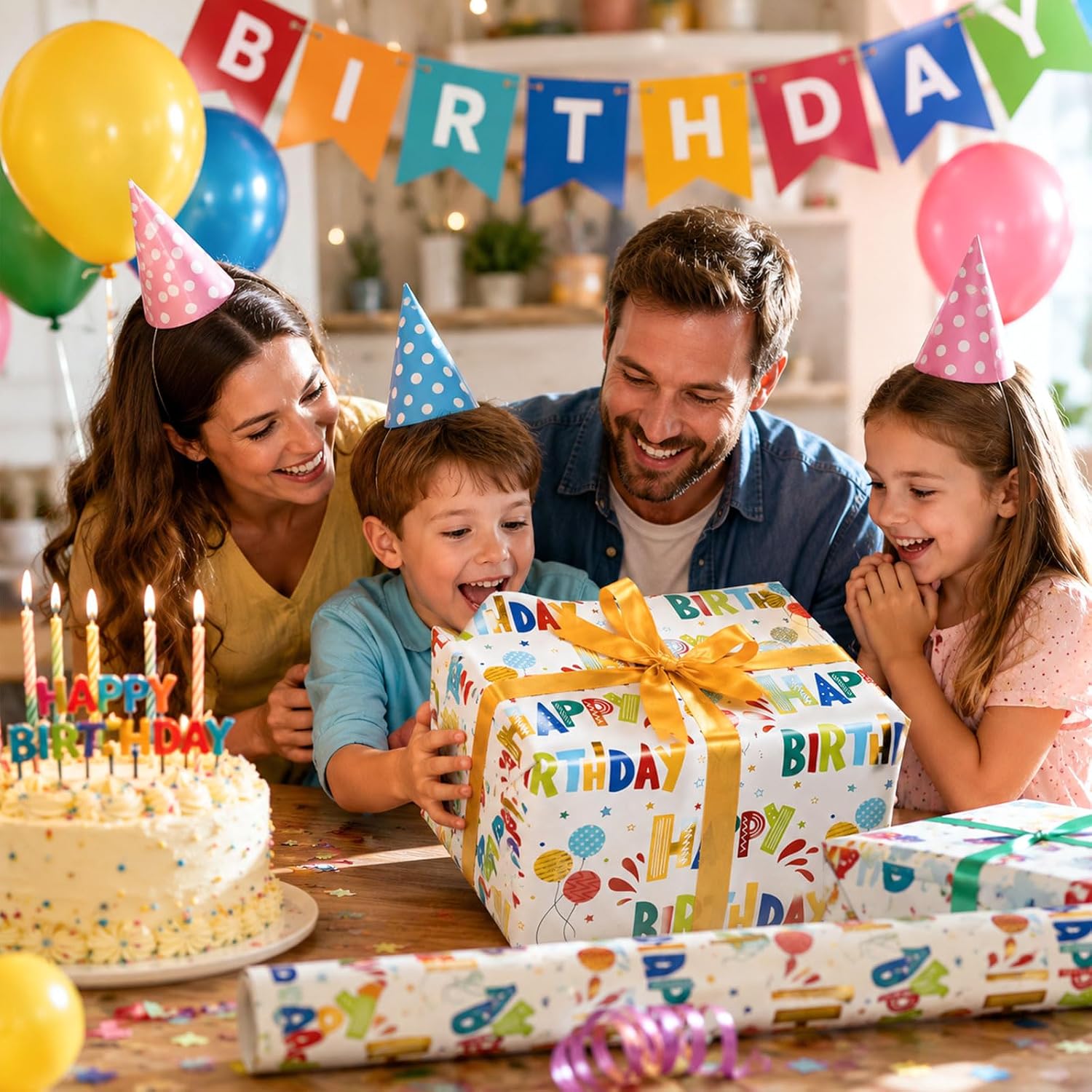Thumbnail 5 de Burymento Birthday Wrapping Paper Roll – Colorful Gold Foil with Balloons & Stars (17 in x 32.8 ft)
