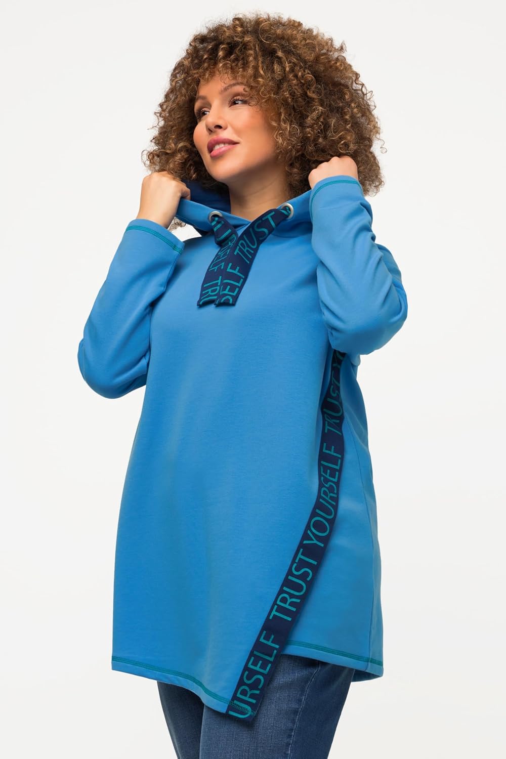 Detalle de ULLA POPKEN Hoodie con nastri motivi scritta, cappuccio, maniche lunghe – Felpa donna