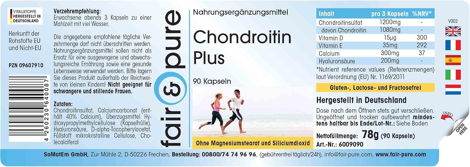 Detalle 2 de Fair & Pure Chondroitin Plus – 90 Kapseln mit Hyaluronsäure, Calcium und Vitaminen D & E