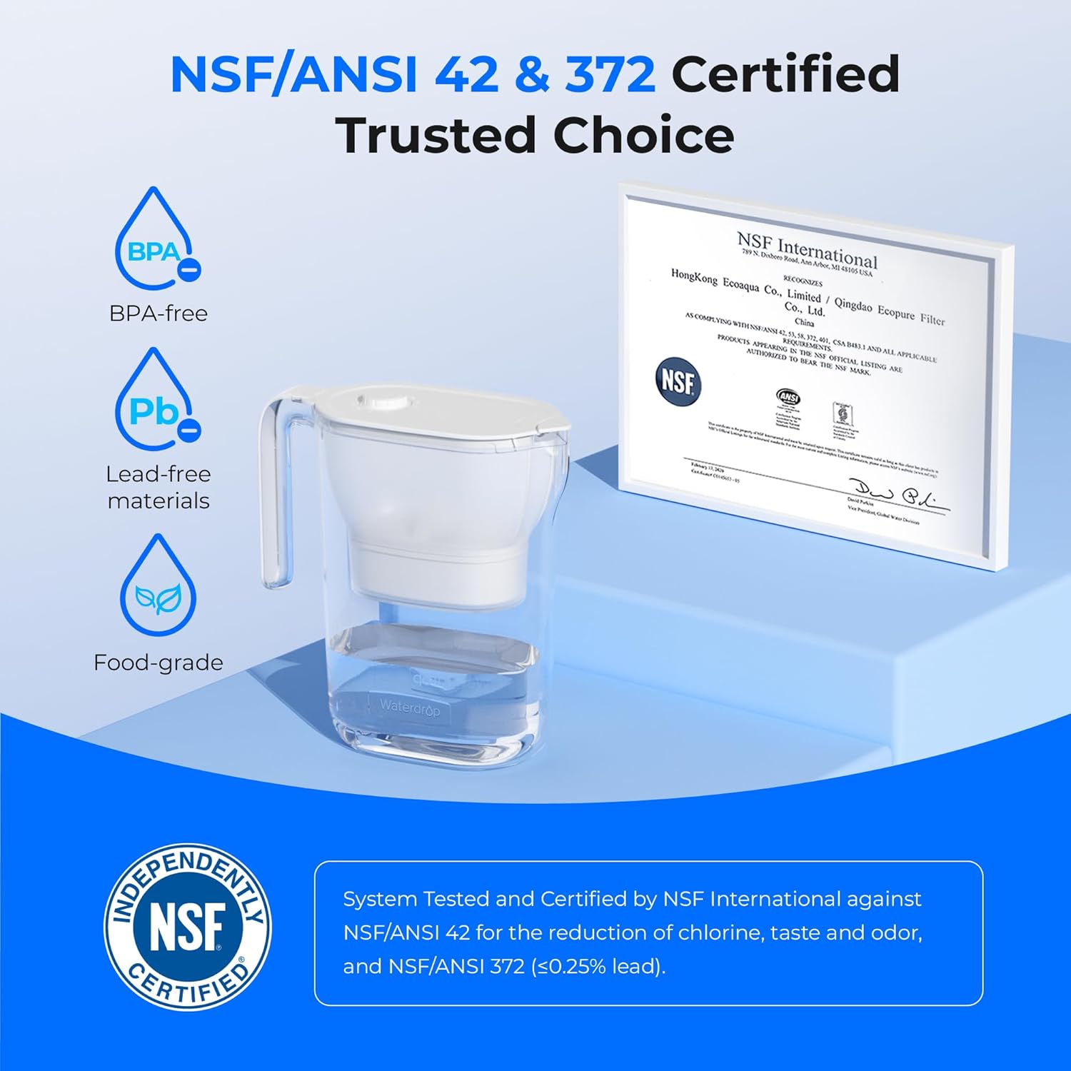 Thumbnail 3 de Waterdrop Water Filter Jug (2.5L), NSF Certified, Lead/Fluoride/Chlorine Reduction, BPA-Free