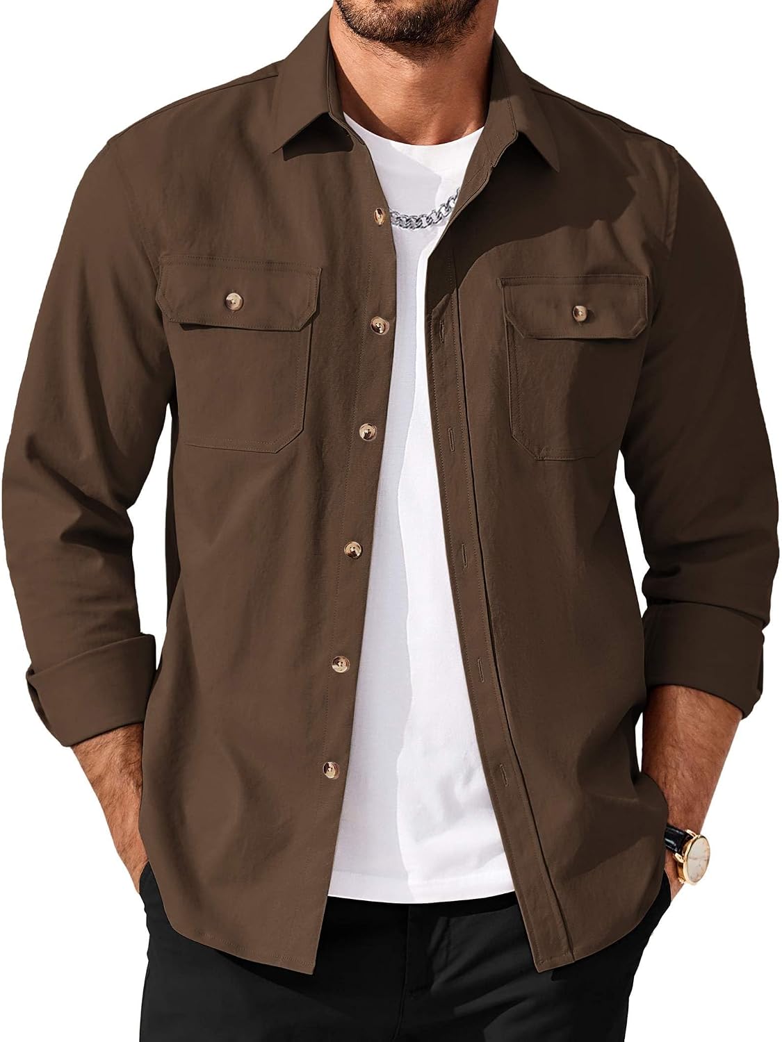 Detalle de COOFANDY Men's Long Sleeve Shirt Jacket with Button-Flap Pockets